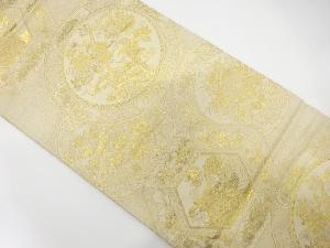 絵皿に花鳥模様織出し袋帯